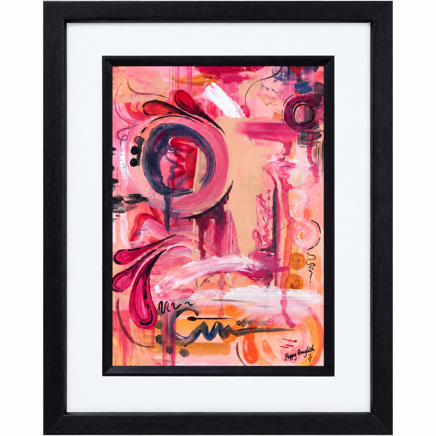 Caught in Colour original pink abstract painting by Poppy Fraylich in a black frame with a white mount