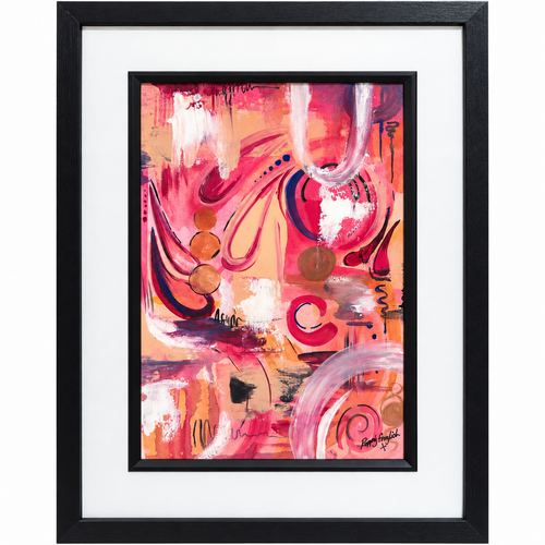 In Full Bloom original pink abstract artwork by Poppy Fraylich in a black frame with a white mount