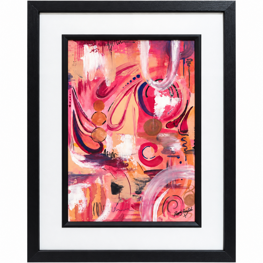 In Full Bloom original pink abstract artwork by Poppy Fraylich in a black frame with a white mount