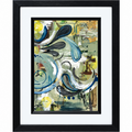 Loose Ends original abstract painting by Poppy Fraylich with blue and charcoal sweeps over sage and yellow tones, in a black frame with a white mount