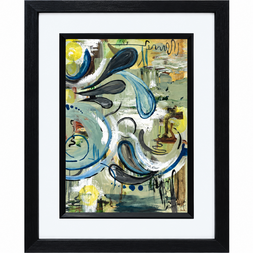 Loose Ends original abstract painting by Poppy Fraylich with blue and charcoal sweeps over sage and yellow tones, in a black frame with a white mount