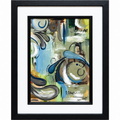 Wandering Still original abstract painting by Poppy Fraylich, with blue, sage and olive brushwork in a black frame with a white mount