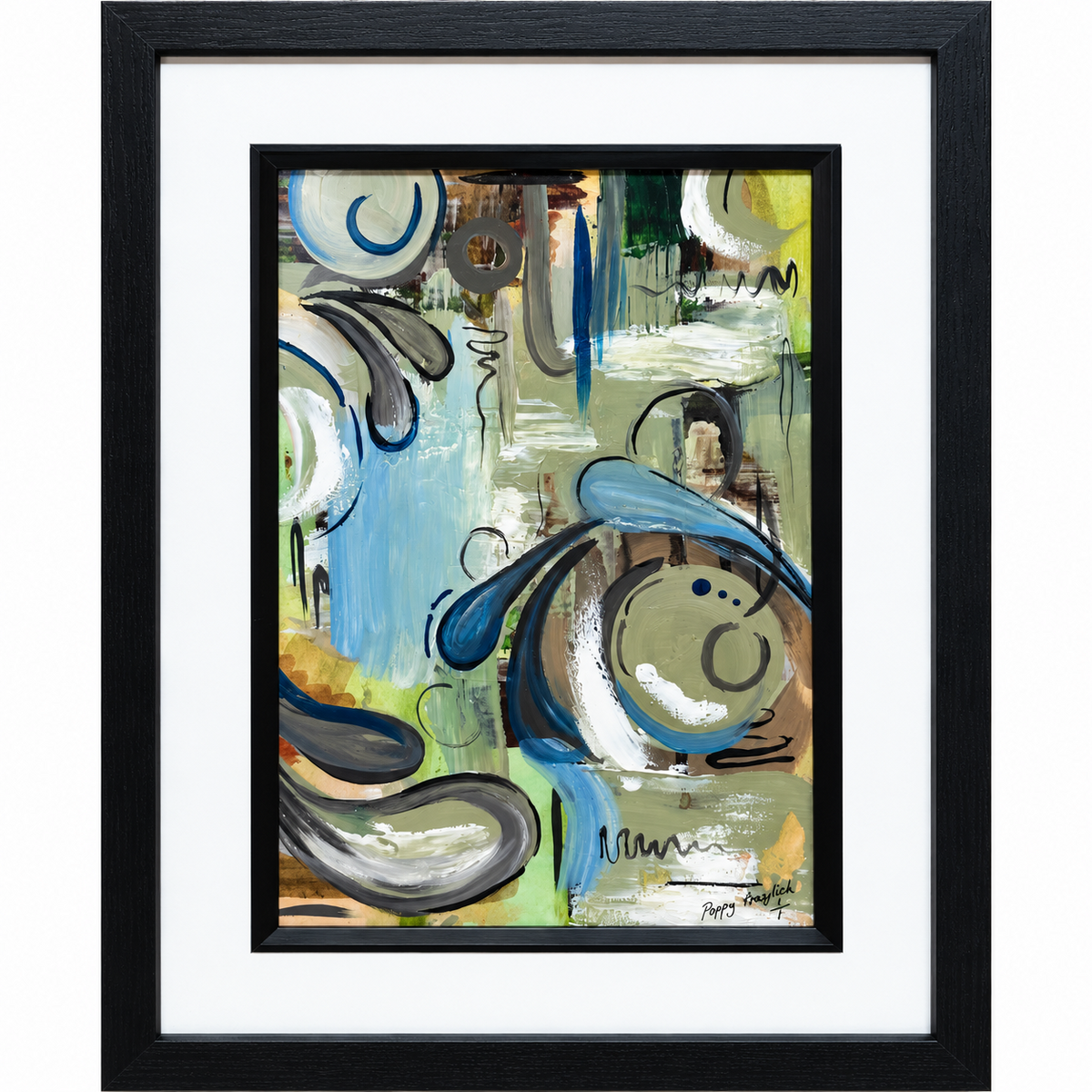 Wandering Still original abstract painting by Poppy Fraylich, with blue, sage and olive brushwork in a black frame with a white mount