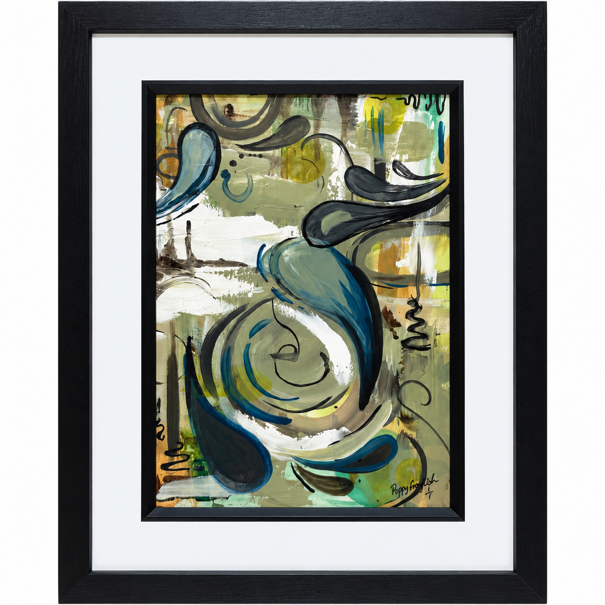 Where Colours Wander original abstract painting by Poppy Fraylich, with olive, mustard and teal marks in a black frame with a white mount